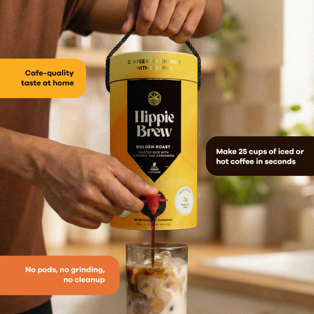 Person pouring coffee from Hippie Brew container into a glass with text about coffee quality and convenience.